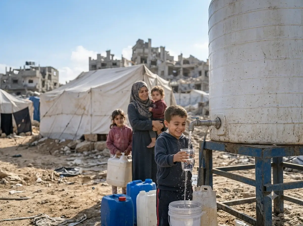 Volunteers distributing clean water to a displaced family